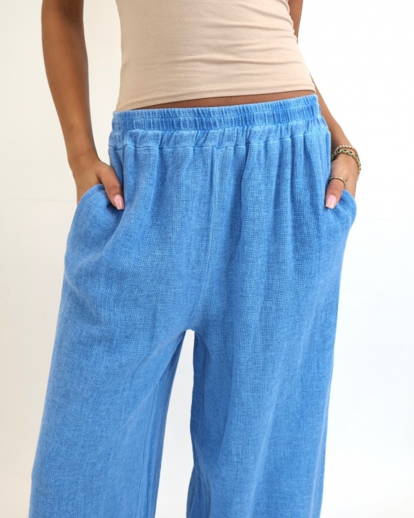 cotton linen cornflower trousers Rainbow and Spoon Oxford linen wide leg trousers